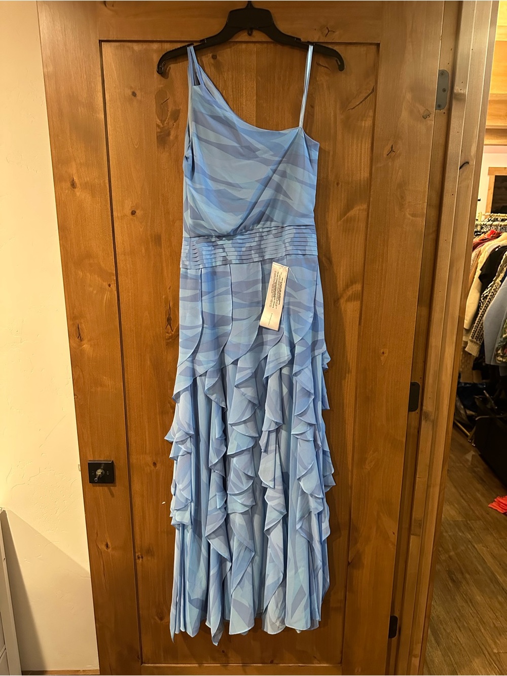 BCBGMaxAzria One-Shoulder Sky Blue Ruffle Gown - Picture 6 of 6